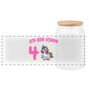 Ich bin Schon Vier Unicorn Geburtstag - Panorama Keksdose mit Holzdeckel - Weiß - Vorne