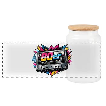 80s Retro Cassette Neon - Panoramic Cookie Jar with Wooden Lid - white - Front