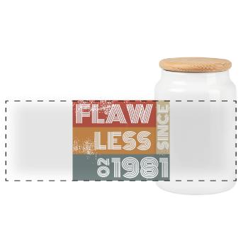 45. Geburtstag Flawless since 02/1981 - Panorama Keksdose mit Holzdeckel - Weiß - Vorne