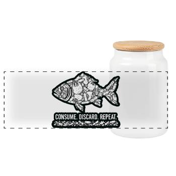 Fish Waste: Consumes Throws Repeats - Panoramic Cookie Jar with Wooden Lid - white - Front