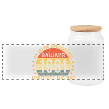1981 Birthday 45 Decoration 45s 45 Birthday - Panoramic Cookie Jar with Wooden Lid - white - Front