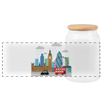 London City Skyline Big Ben Cartoon-Kunst - Panorama Keksdose mit Holzdeckel - Weiß - Vorne