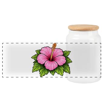 Pink Hibiscus Blossom Illustration - Panoramic Cookie Jar with Wooden Lid - white - Front