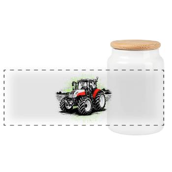 Roter Traktor – Halftone Motiv Steyr Bauernhof - Panorama Keksdose mit Holzdeckel - Weiß - Vorne