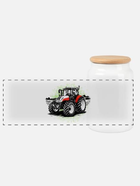 Roter Traktor – Halftone Motiv Steyr Bauernhof - Panorama Keksdose mit Holzdeckel - Weiß