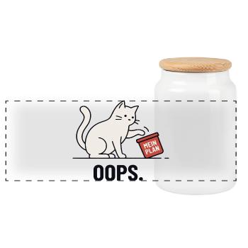 Mein Plan… Oops – Lustige Katze - Panorama Keksdose mit Holzdeckel - Weiß - Vorne
