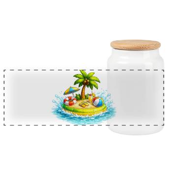Petite île en mer avec palmiers et accessoires de plage - Boîte à biscuits avec couvercle en bois - blanc - Devant