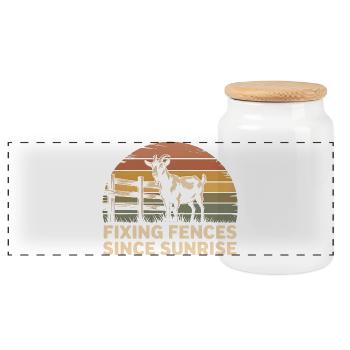 Fence repair since sunrise | Farm life - Panoramic Cookie Jar with Wooden Lid - white - Front