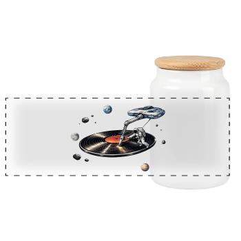 Astronaut as a plate needle in space - Panoramic Cookie Jar with Wooden Lid - white - Front