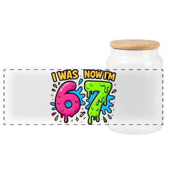 7th Birthday Kids 67 Meme Humor Gift Idea - Panoramic Cookie Jar with Wooden Lid - white - Front