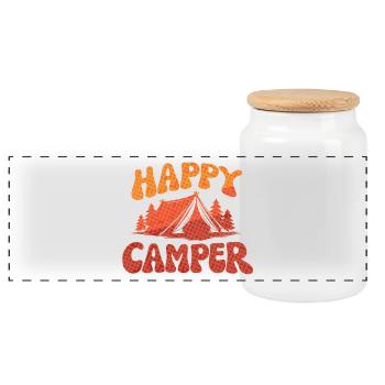 Fröhlicher Camper Lager-Print - Panorama Keksdose mit Holzdeckel - Weiß - Vorne