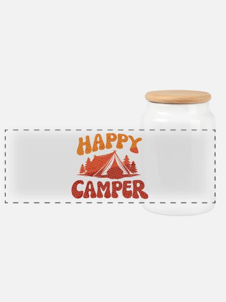 Fröhlicher Camper Lager-Print - Panorama Keksdose mit Holzdeckel - Weiß