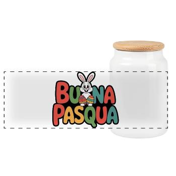 Häse frohe Ostern - Panorama Keksdose mit Holzdeckel - Weiß - Vorne