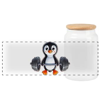 Cute Penguin with Dumbbell Cartoon - Panoramic Cookie Jar with Wooden Lid - white - Front