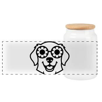 Dog Glasses Flowers Outline - Panoramic Cookie Jar with Wooden Lid - white - Front