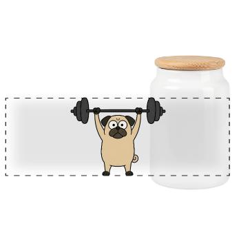 Pug Dog Workout Fitness Weightlifting Bodybuilding - Panoramic Cookie Jar with Wooden Lid - white - Front