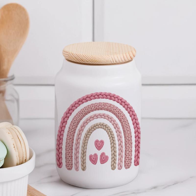 Rainbow Pink Knitting Pattern Panoramic Cookie Jar with Wooden Lid