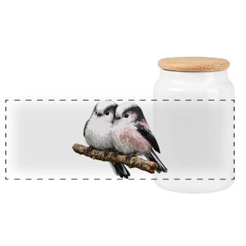 Duo Long-tailed on Branch - Soft Pastel - Panoramic Cookie Jar with Wooden Lid - white - Front