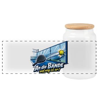 An die Bande Tennis Cartoon Spruch - Panorama Keksdose mit Holzdeckel - Weiß - Vorne