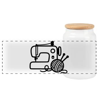 Sewing Machine Wool Knitting Sewing Handmade - Panoramic Cookie Jar with Wooden Lid - white - Front
