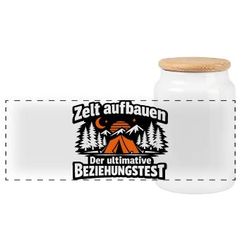 Zeltaufbau Beziehungsquiz - Panorama Keksdose mit Holzdeckel - Weiß - Vorne