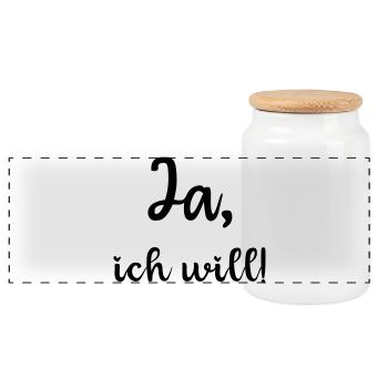 Ja ich will, heiraten, Braut, Polterabend, JGA - Panorama Keksdose mit Holzdeckel - Weiß - Vorne