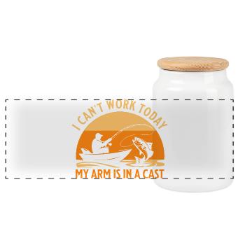 Je ne peux pas travailler aujourd’hui, mon bras est dans un plâtre – Drôle de fis - Boîte à biscuits avec couvercle en bois - blanc - Devant