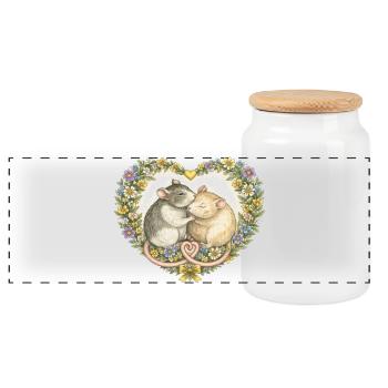 Floral Heart Mice Kiss - Panoramic Cookie Jar with Wooden Lid - white - Front