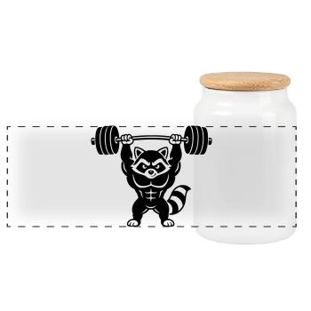 Muscle raccoon lifts barbell - Panoramic Cookie Jar with Wooden Lid - white - Front