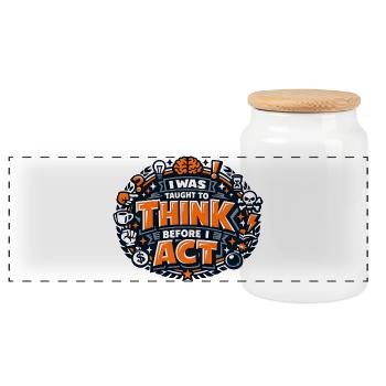 Thinking Before Acting Quote - Panoramic Cookie Jar with Wooden Lid - white - Front