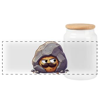 Stein mit Schnurrbart Maskottchen - Panorama Keksdose mit Holzdeckel - Weiß - Vorne