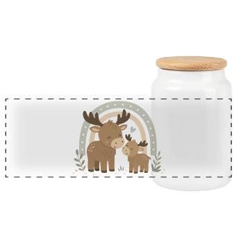 Elch Familie Boho Regenbogen – Elch & Kalb - Panorama Keksdose mit Holzdeckel - Weiß - Vorne