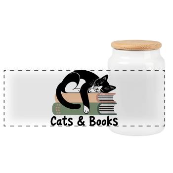 Cats & Books Cozy Stack - Panoramic Cookie Jar with Wooden Lid - white - Front