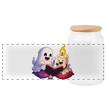Cuddly Ghost Time Reading - Panoramic Cookie Jar with Wooden Lid - white - Front