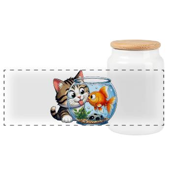 Kitten kisses goldfish in glass - Panoramic Cookie Jar with Wooden Lid - white - Front
