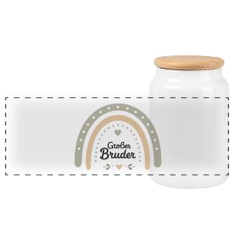 Boho Geschwisterdesign Regenbogen mit Schriftzug - Panorama Keksdose mit Holzdeckel - Weiß - Vorne