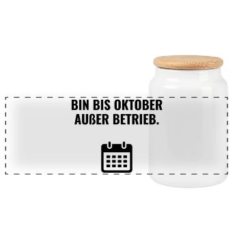 Bin bis Oktober außer Betrieb - Panorama Keksdose mit Holzdeckel - Weiß - Vorne