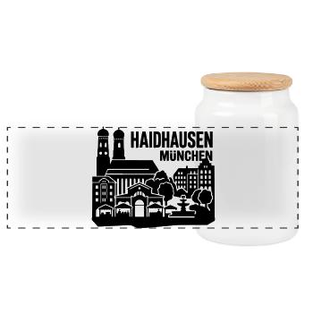 München Skyline Haidhausen - Panorama Keksdose mit Holzdeckel - Weiß - Vorne