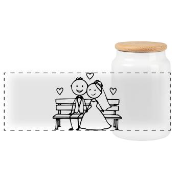 Caricature du couple de mariés sur le banc - Boîte à biscuits avec couvercle en bois - blanc - Devant