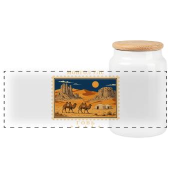 Mongolei Gobi Vintage Reisemarke - Panorama Keksdose mit Holzdeckel - Weiß - Vorne