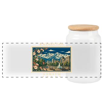 Kasachstan Almaty Vintage Reisemarke - Panorama Keksdose mit Holzdeckel - Weiß - Vorne