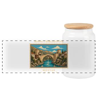 Bosnien und Herzegowina Mostar Vintage Reisemarke - Panorama Keksdose mit Holzdeckel - Weiß - Vorne