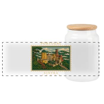 Portugal Sintra Vintage Reisemarke - Panorama Keksdose mit Holzdeckel - Weiß - Vorne