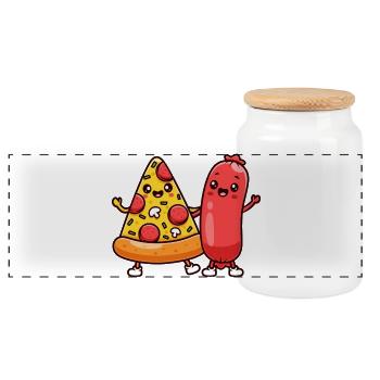 Pizzastück und Wurstfreunde - Panorama Keksdose mit Holzdeckel - Weiß - Vorne
