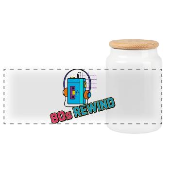 80er-Jahre-Rewind-Kassetten-Kopfhörer - Panorama Keksdose mit Holzdeckel - Weiß - Vorne