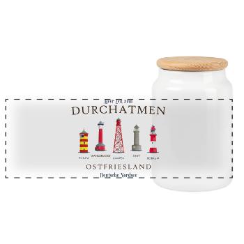 Ostfriesland, handgezeichnete Leuchttürme - Panorama Keksdose mit Holzdeckel - Weiß - Vorne