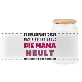 Schulanfang 2026 Kind stolz Mama heult - Lustig - Panorama Keksdose mit Holzdeckel - Weiß - Vorne