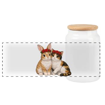 Kaninchen und Katze - Panorama Keksdose mit Holzdeckel - Weiß - Vorne