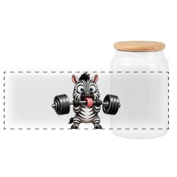 Zebra with Dumbbell Comic Bodybuilding Cartoon - Panoramic Cookie Jar with Wooden Lid - white - Front