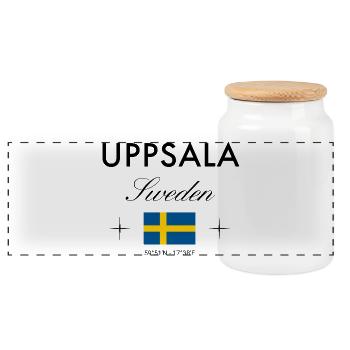 Uppsala Sweden Coordinates Travel Souvenir - Panoramic Cookie Jar with Wooden Lid - white - Front
